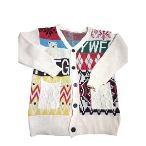 Vintage YWFG Dopamine Grandpa Cable Knit‎ Preppy Festival Bear Cardigan Sweater